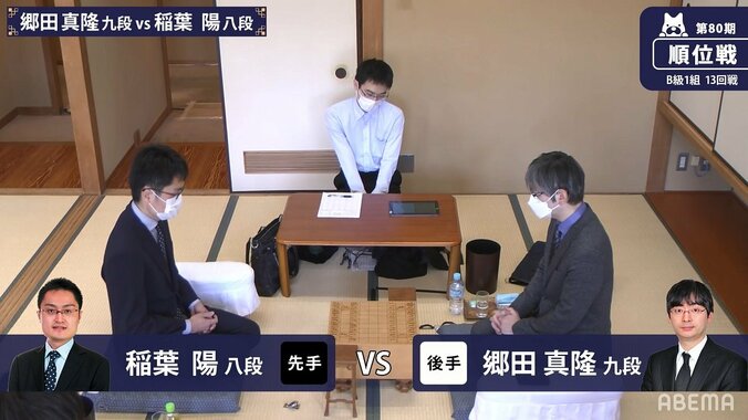 稲葉陽八段、自力でA級復帰決めるか 最終局で郷田真隆九段と対局開始／将棋・順位戦B級1組 1枚目