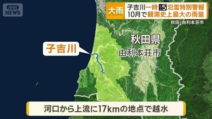 河口から上流に17kmの地点で越水
