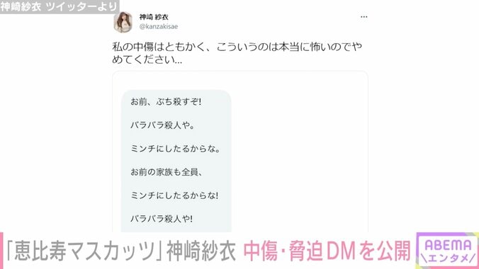 恵比寿マスカッツ神崎紗衣、誹謗中傷＆脅迫DMを公開「然るべき処置をさせていただく」 2枚目