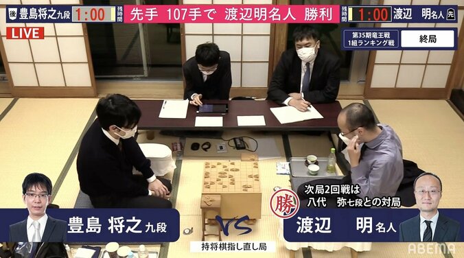 計17時間・322手の激闘 渡辺明名人、持将棋指し直しの末に豊島将之九段に勝利 終局は午前3時ごろ／竜王戦・1組ランキング戦 1枚目