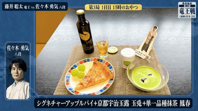 佐々木勇気八段が選んだ「シグネチャーアップルパイ 季節のカットフルーツ付き」と「京都宇治玉露 玉兎」、「森半 単一品種抹茶 鳳春」