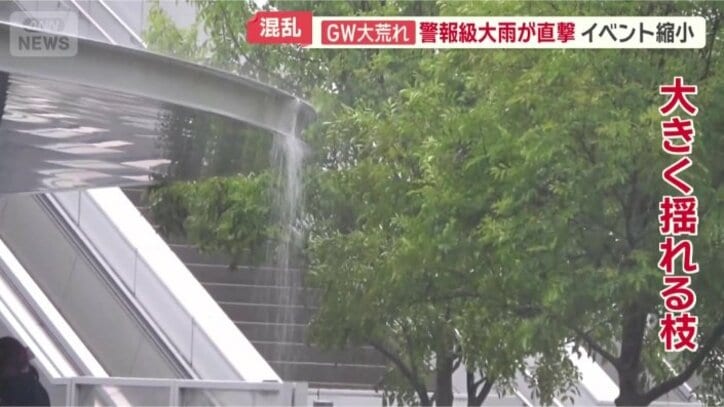 屋根からは滝のような雨水