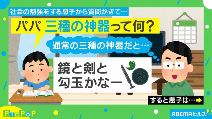 息子「三種の神器ってなに？」質問に答えるも絶句… 父の“勘違い回答”に「自分もそう答える自信ある」「二段落ちにやられた」と反響 2枚目