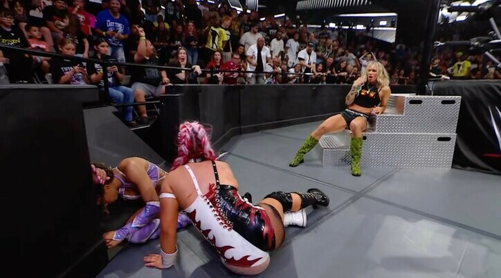 【映像】観客ドン引き…女子レスラーの“壁ドンタックル”で大惨事に