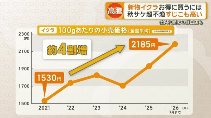 イクラ100gあたりの小売価格（全国平均）