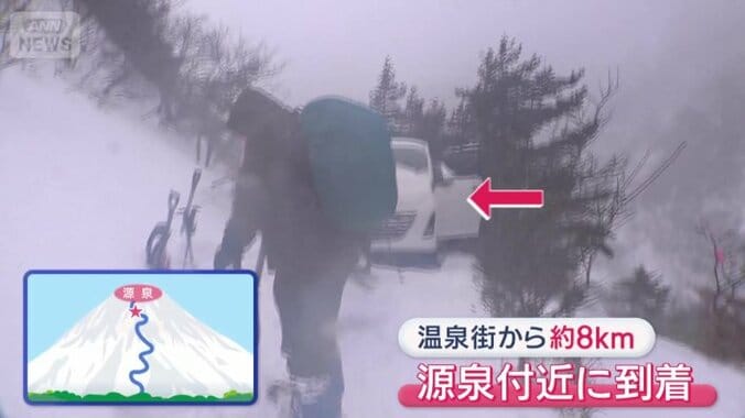 源泉近くに置かれた車