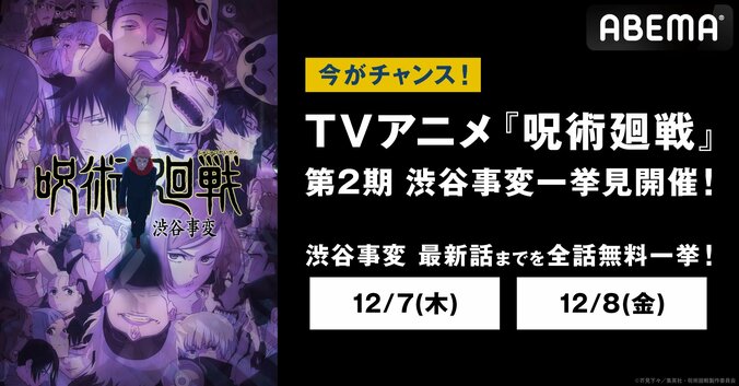 アニメ『呪術廻戦』第2期「渋谷事変」を一挙放送　開幕の第30話から最新話まで12月7日・8日にイッキ見 1枚目