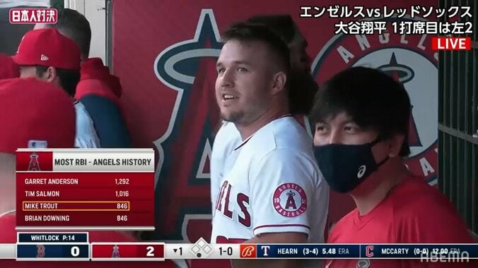 大谷翔平の特大二塁打にトラウト先制2ラン！ベンチ内に戻る笑顔に視聴者「泣ける」「みんなの笑顔久しぶり」 1枚目