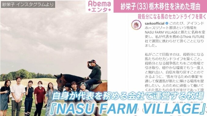 紗栄子、栃木県移住を決断「殺処分となる馬のセカンドライフを築く」牧場を運営 1枚目