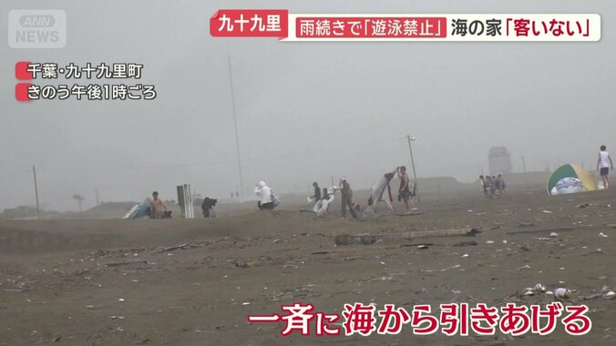 一斉に海から引きあげる人々