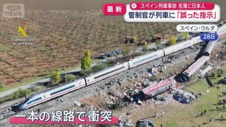 赤い列車は3両が脱線し線路の下で横倒し