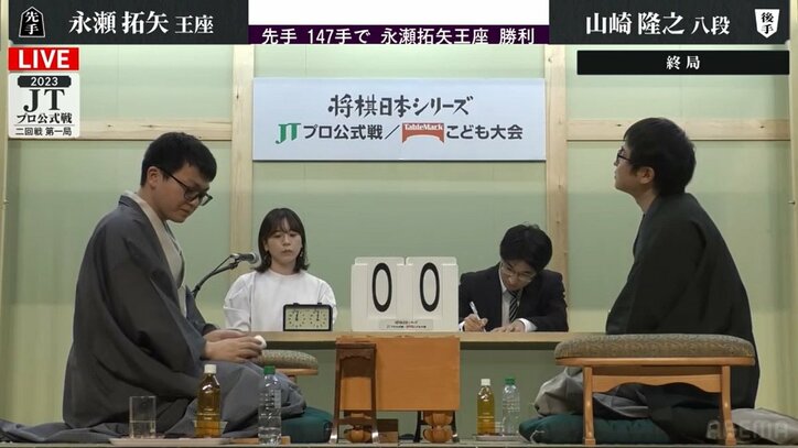 永瀬拓矢王座が準決勝進出決める 山崎隆之八段に147手で勝利／将棋・JT杯