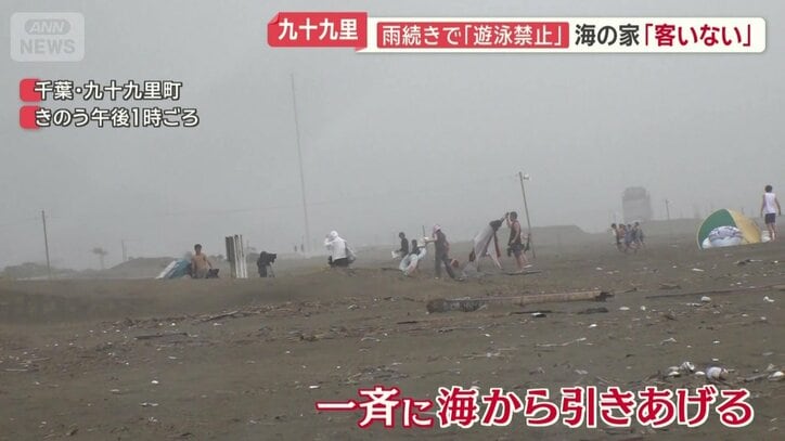 一斉に海から引きあげる人々