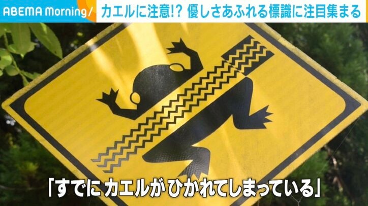 “カエルに注意”の標識も…すでにひかれている？ ユーモアあふれる標識がネット上で話題に