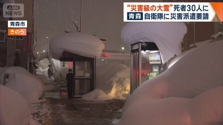 電話ボックスやバス停の屋根にも大量の積雪