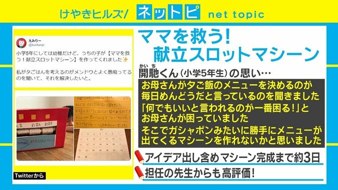 “お母さんのため”小学5年生作の「献立スロットマシーン」に称賛の声「我が家にも欲しい」「天才か？」 1枚目