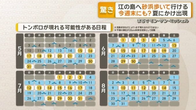 江の島の「トンボロ」が現れる可能性がある日程