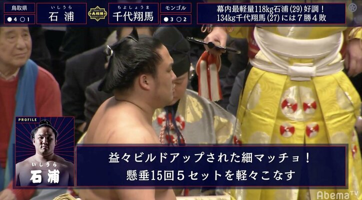 大相撲中継で“お尻どアップ”の珍事 角界の“細マッチョ”・石浦の“上向きヒップ”に視聴者騒然