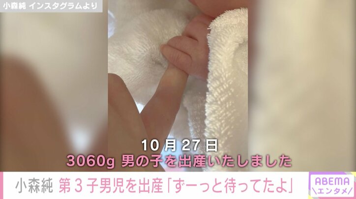 小森純、第3子男児を出産「とにかく感謝、感激、感動しています」立ち合いの夫にも感謝「彼がいないと怖くて辛くて仕方なかった」