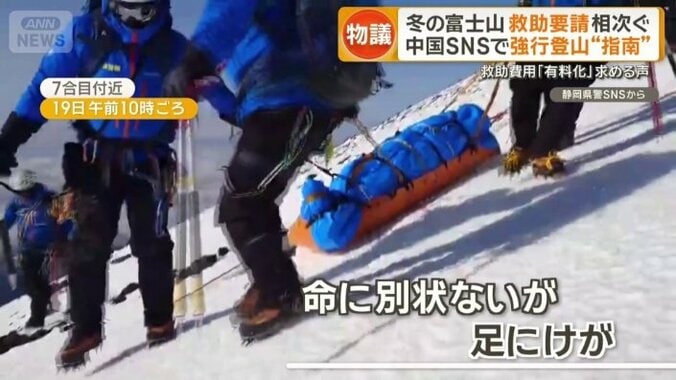 男性を担架に乗せて慎重に下山