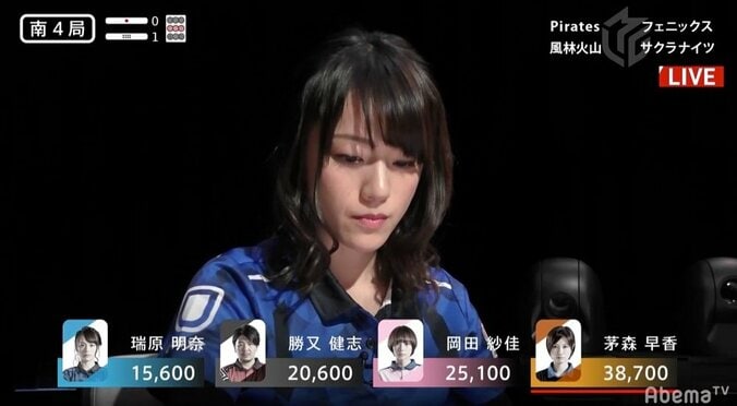 瑞原明奈、役満相当の着順アップツモ 四暗刻テンパイには「振り込みたい」ファンも出現／麻雀・Mリーグ 2枚目