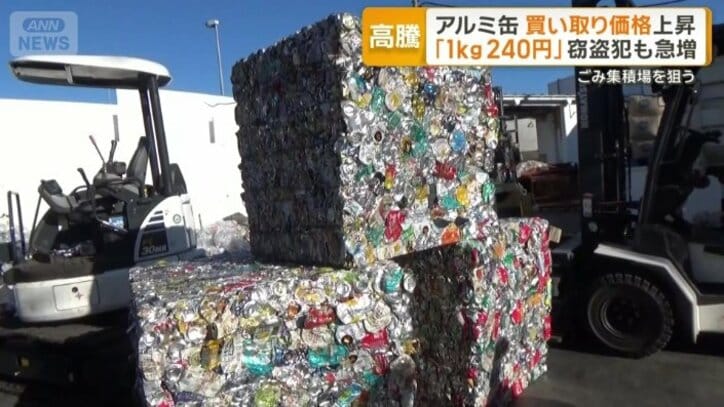 大量のアルミ缶がプレスされ一つの大きな塊に
