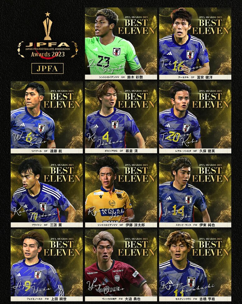 『現役選手が選ぶ2023年の日本人ベストイレブン』が決定！三笘薫、久保建英、遠藤航、冨安健洋らが２年連続受賞、大迫勇也、鈴木彩艶、伊藤涼太郎らが初選出