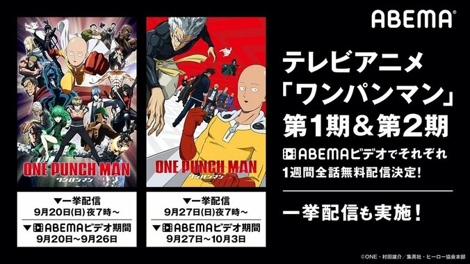 最強のヒーロー・サイタマがABEMAでワンパンチ！アニメ「ワンパンマン」第1期＆第2期、9月20日・27日に全話一挙配信 1枚目