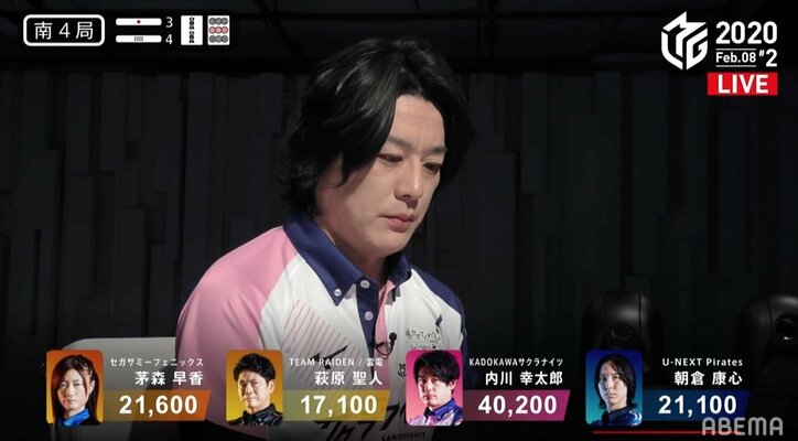 ラス目から終盤総マクリ サクラの王子・内川が満貫2発で8勝目 チームも2位浮上／麻雀・Mリーグ