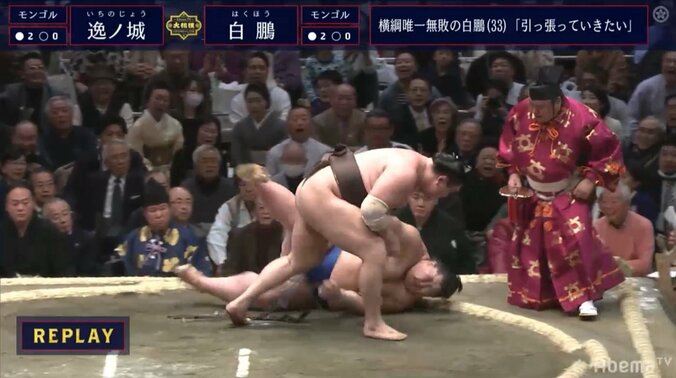 横綱・白鵬　226キロ逸ノ城に抜群の上手さで勝利　解説の親方も「強い！」のひと言 1枚目