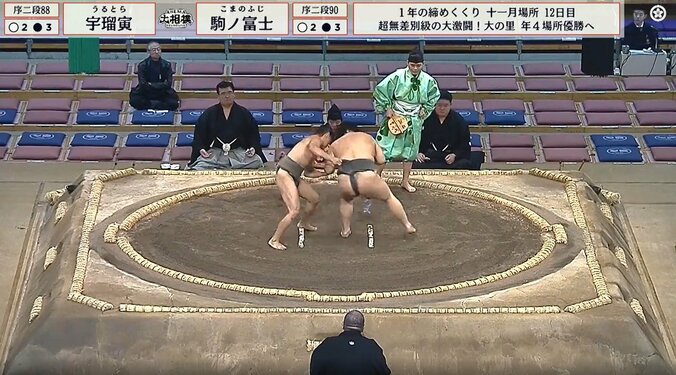 まわしに手をかけ、激しく回転を始める宇瑠寅