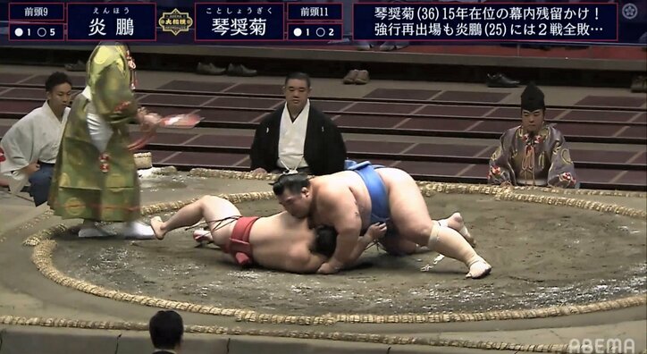 炎鵬、苦悶…腰砕けで6敗目 琴奨菊に押しつぶされる 花田虎上氏「相撲を覚えられてしまった」