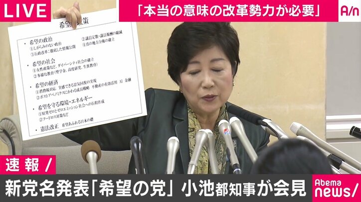 小池都知事「希望の党」を立ち上げ、代表に
