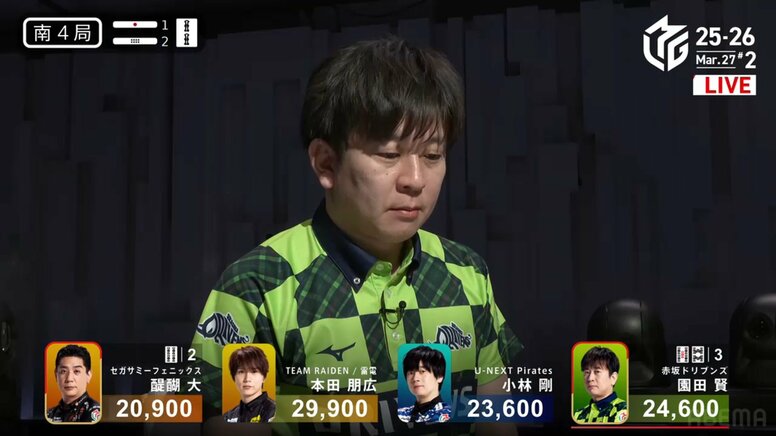 何度でも繰り出す園田賢の“一発芸”レギュラーシーズン最終戦のオーラスでまたも披露「さすがの一発王」「剛腕」と話題沸騰／麻雀・Mリーグ