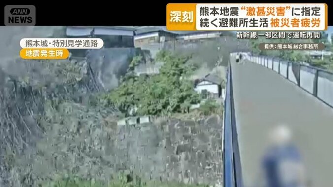 石垣が崩れ土煙が上がる場面