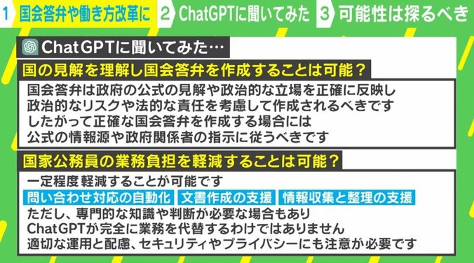 霞が関 AIによる「答弁作成」で“脱ブラック”できる？ ChatGPT本人が課題を指摘「政治的リスクや法的責任を考慮すべき」 4枚目