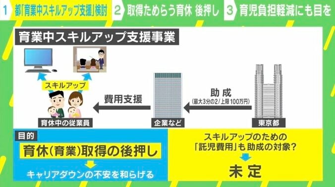 東京都“育業中スキルアップ支援”来年度の実施検討 “育休リスキリング問題”との違いは？「キャリアダウン懸念せず育休取得」が目的　 1枚目