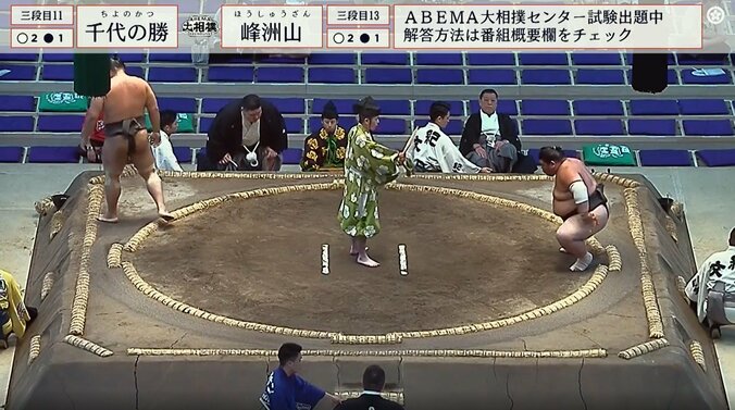 勝ち名乗りを受けた三段目十三枚目・峰洲山（鳴戸）が