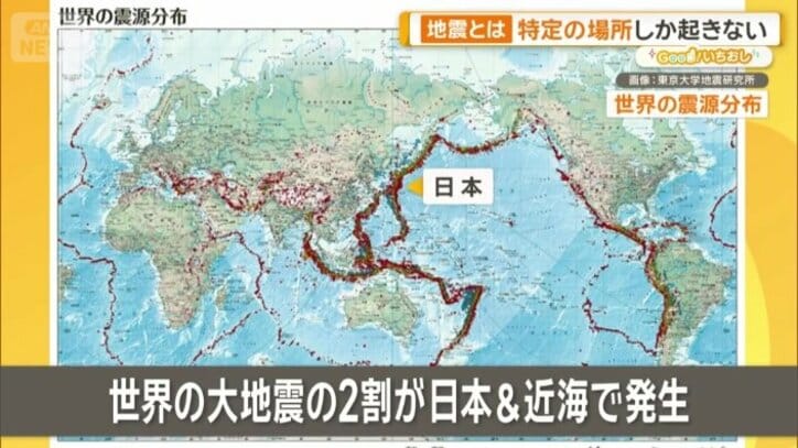 画像の赤い点が、地震の分布