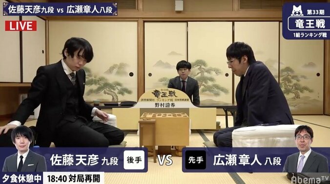 佐藤天彦九段 対 広瀬章人八段　通算14回目の対戦は勝負の夜戦へ／将棋・竜王戦1組ランキング戦 1枚目