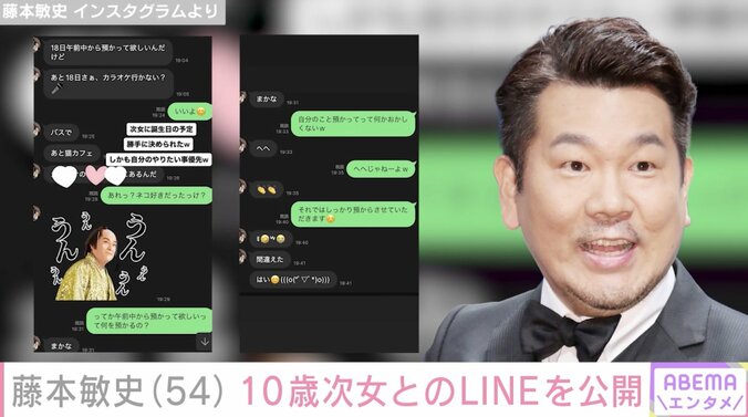 【写真・画像】木下優樹菜さん（38）の元夫・FUJIWARA藤本敏史（54）、10歳次女・茉叶菜さんとのLINEを公開「18日さぁ、カラオケ行かない？」　2枚目