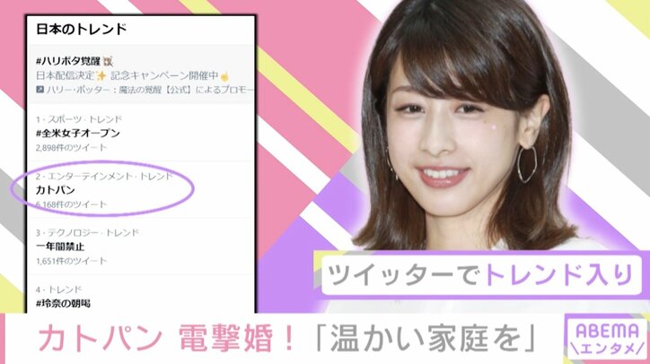 “カトパン”加藤綾子の電撃婚がTwitterトレンド入り!「おめでとうござます」と祝福の声殺到