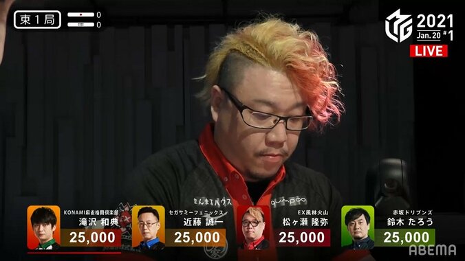 麻雀も髪型も引き出し多すぎ 松ヶ瀬隆弥のド派手ヘアに注目集まる「ニワトリカラー」「今日は赤鬼だな」／麻雀・Mリーグ 1枚目