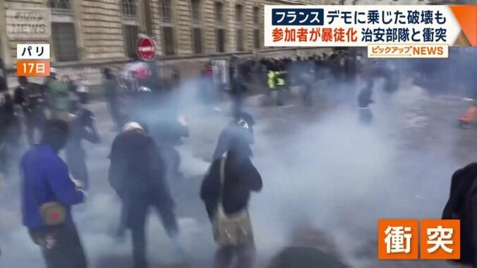 暴徒化した一部参加者と治安部隊が衝突