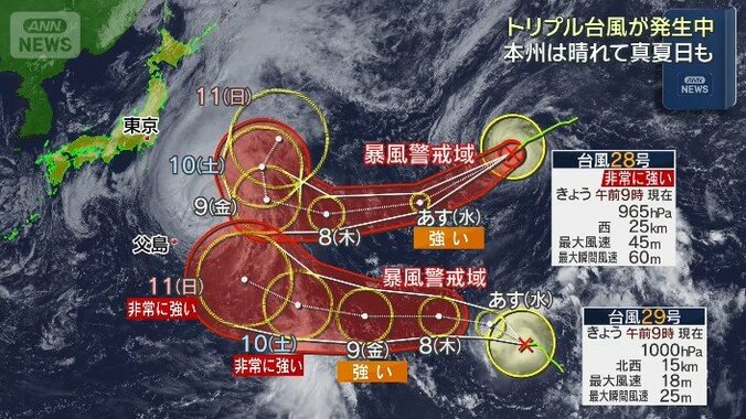 【台風情報】トリプル台風が発生　台風28号と29号は週末に小笠原の東の海上へ…二つの台風が近づくと動きが複雑に…　今後の進路は？ 3枚目