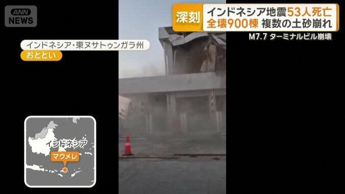 港の建物が砂ぼこりを上げながら崩壊