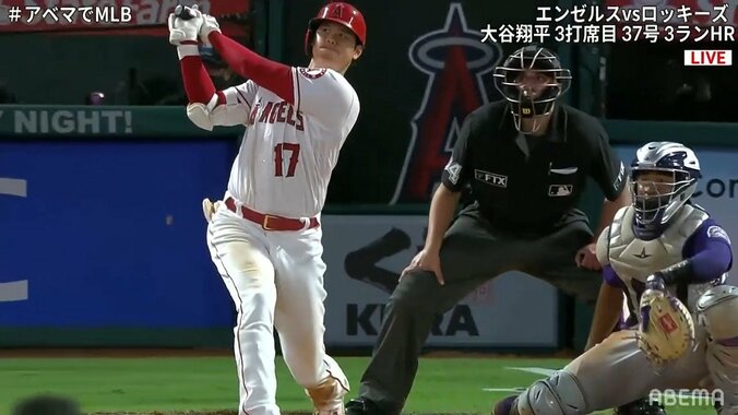 大谷翔平、2試合連発の弾丸37号は打球速度182キロ 2位ゲレロJr.についに5本差のキング独走 見えた年間60発 打点でもトップに1差 1枚目