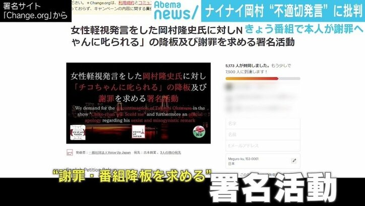 ナイナイ岡村“不適切発言”の炎上収まらず 『チコちゃん』降板求める署名に5000人超の賛同