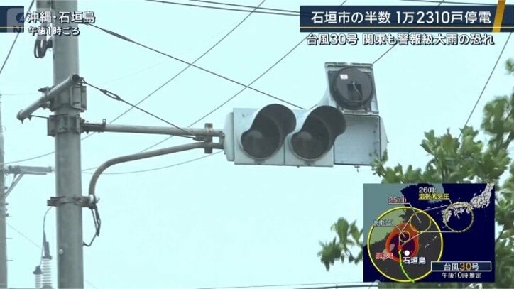 赤のランプがめくれあがった信号機