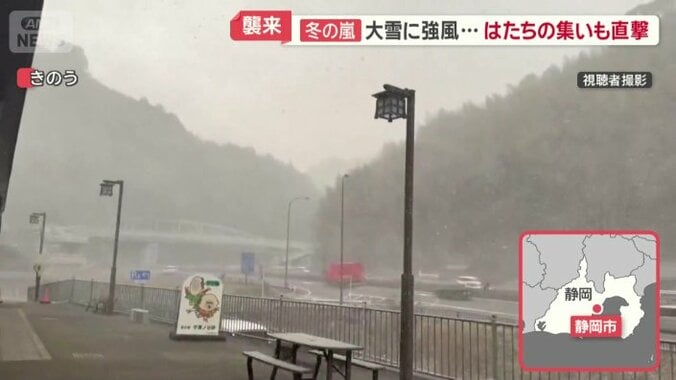 真横に流れる雪